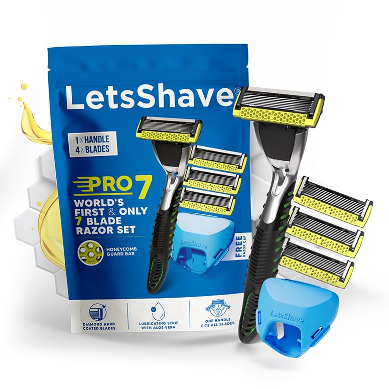 LetsShave Pro 7 Max Razor Value Set for Men (1 Handle + 4 Blades) | World's First & Only 7-Blade Razor for Men | Honeycomb Guard, Open Flow Design & Nature Infused Lubrication Strip | With Travel Cap - Image 1