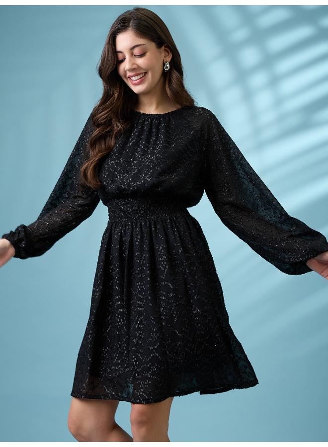 Globus Women Bishop Sleeves Self Design Georgette Sheen Smocked Fit & Flare Party Dress - Image 1