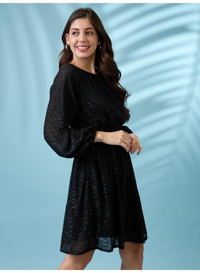 Globus Women Bishop Sleeves Self Design Georgette Sheen Smocked Fit & Flare Party Dress - Image 3