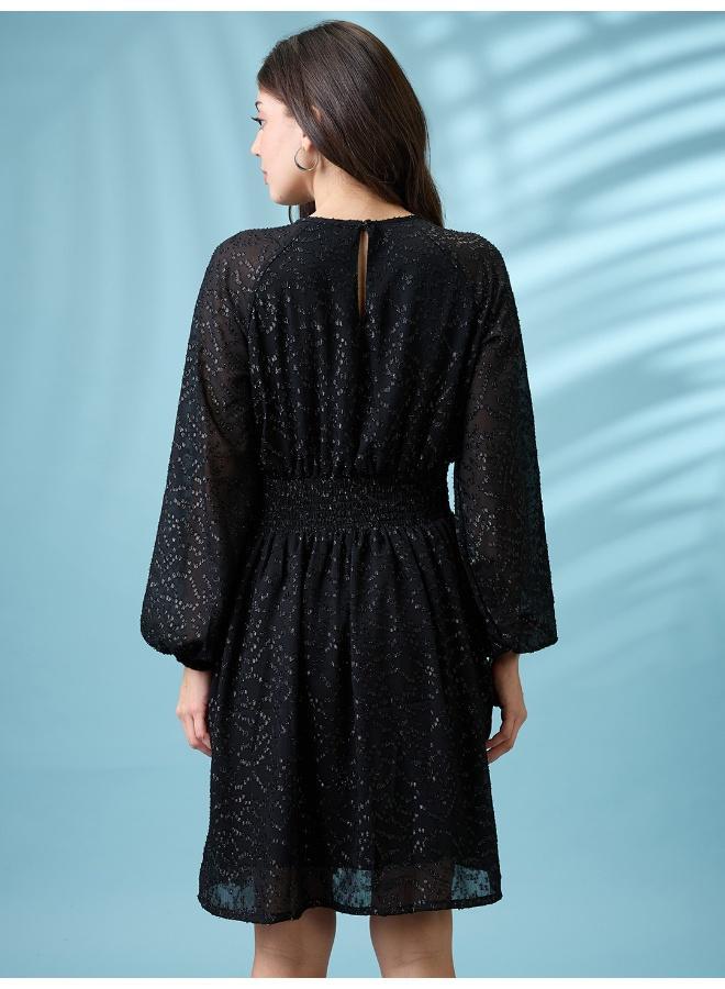 Globus Women Bishop Sleeves Self Design Georgette Sheen Smocked Fit & Flare Party Dress - Image 4