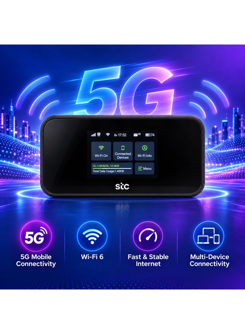 STC Certified Pre-Owned STC 5G Mobile WiFi Router | Wi-Fi 6 | 2.4" Touch Screen | 5000mAh Battery | Quick Charge | USB 3.0 | Supports All Networks (STC, Mobily & Zain) | SRT873 | Black BLACK - Image 5