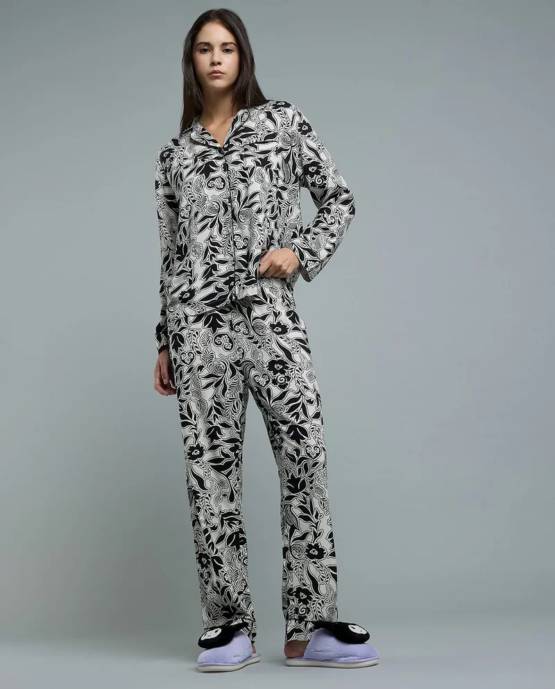 R&B Printed Lapel Collar Pyjama Set
