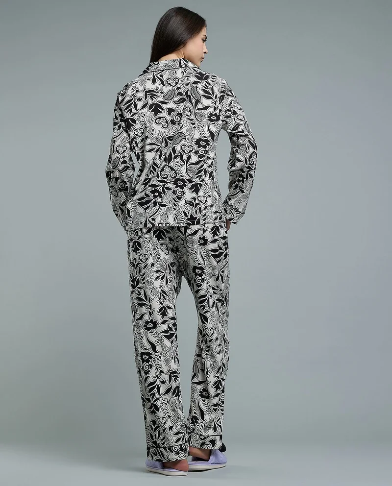 R&B Printed Lapel Collar Pyjama Set