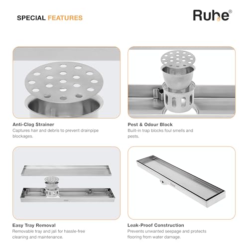 Ruhe Rectangular Tile Insert Shower Drain Channel | 24 x 4 Inches | Waste Water Floor Drain For 13mm Tile | 304 Stainless Steel | Invisible Shower Drainer Channel | Anti Cockroach Trap and Side Hole - Image 3