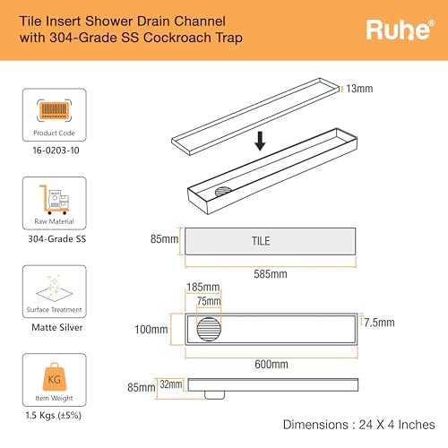 Ruhe Rectangular Tile Insert Shower Drain Channel | 24 x 4 Inches | Waste Water Floor Drain For 13mm Tile | 304 Stainless Steel | Invisible Shower Drainer Channel | Anti Cockroach Trap and Side Hole - Image 2