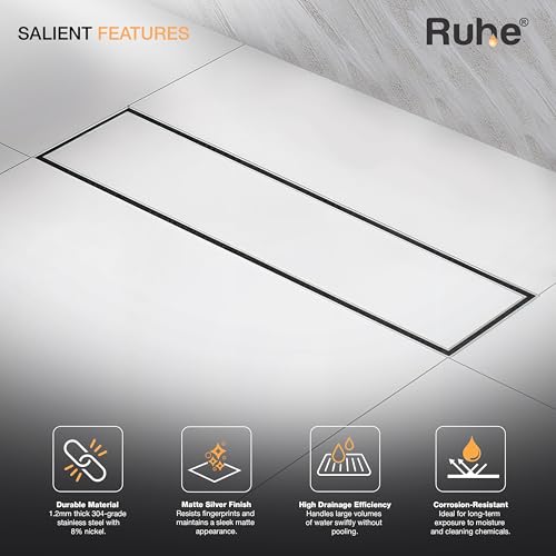 Ruhe Rectangular Tile Insert Shower Drain Channel | 24 x 4 Inches | Waste Water Floor Drain For 13mm Tile | 304 Stainless Steel | Invisible Shower Drainer Channel | Anti Cockroach Trap and Side Hole - Image 4
