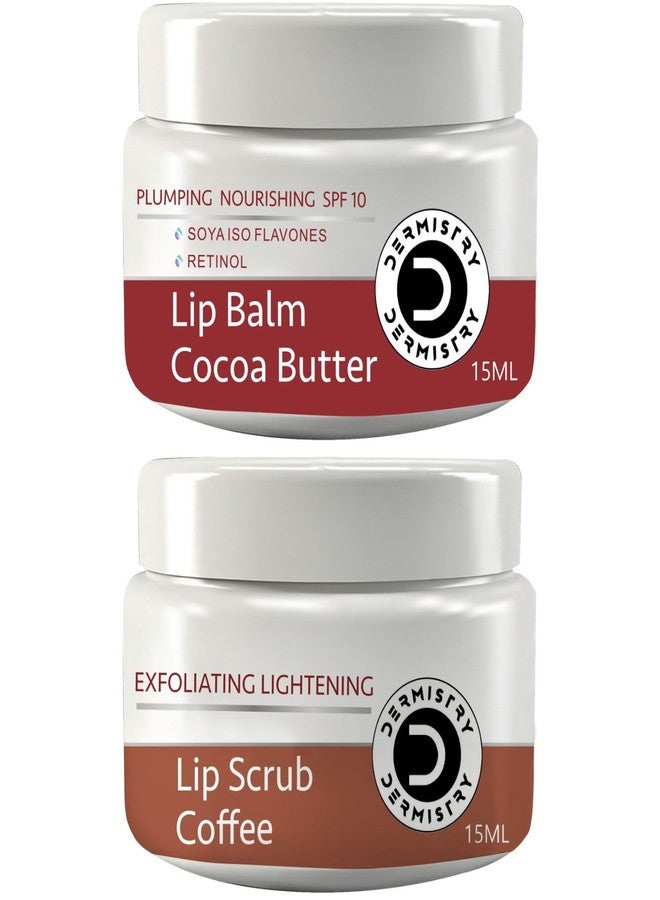 Dermistry Cocoa Butter Lip Care Tint Balm Plumping Nourishing Retinol SPF 10 for Glossy Lips + Exfoliating Lightening Coffee & Sugar Lip Scrub for Deep Dry Chapped Lips for Women Men Girls (Pack of 2) - Image 1