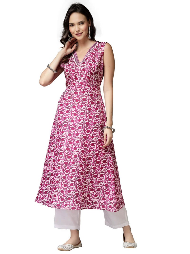 Stylum Women's Floral Printed Cotton Blend A-Line Kurta Purple - Image 1