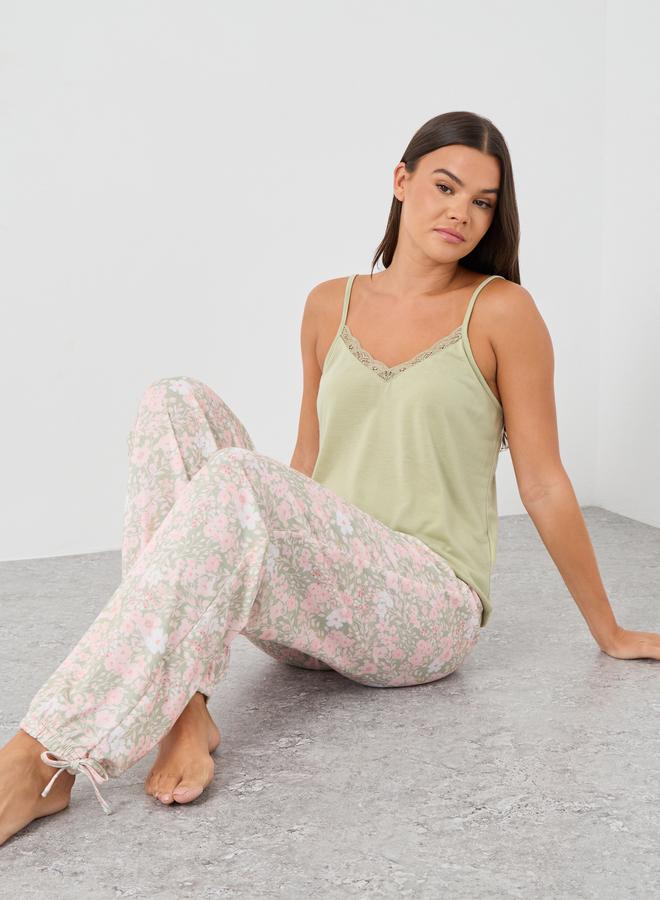 Styli Lace Insert Strappy Top and Printed Pyjama Set - Image 1
