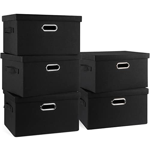 Graciadeco Medium 15" 21 Quart Collapsible Stackable Storage Bins with Lids, 5 Packs Black Foldable Fabric Closet Storage Boxes with Lids, Lidded Heavy-duty Linen Baskets(15x11x8) - Image 1