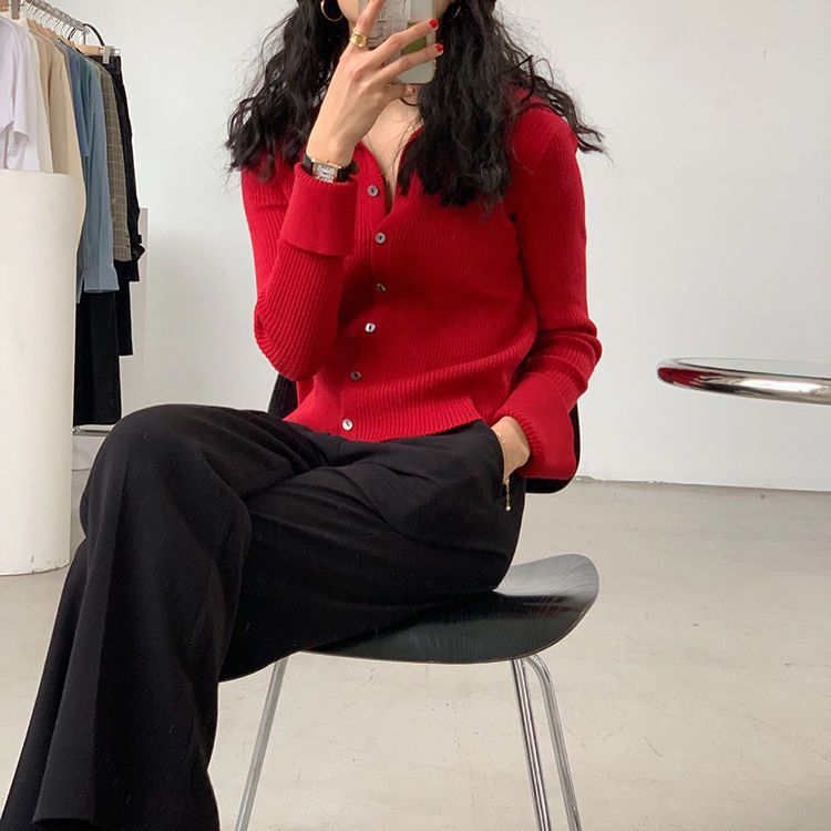 Lapel sweater womens retro solid color autumn thin short POLO collar simple cardigan outer bottoming shirt top Red - Image 1