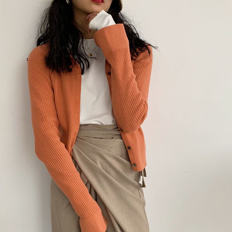 Lapel sweater womens retro solid color autumn thin short POLO collar simple cardigan outer bottoming shirt top Red - Image 3