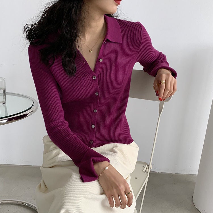 Lapel sweater womens retro solid color autumn thin short POLO collar simple cardigan outer bottoming shirt top Red - Image 2