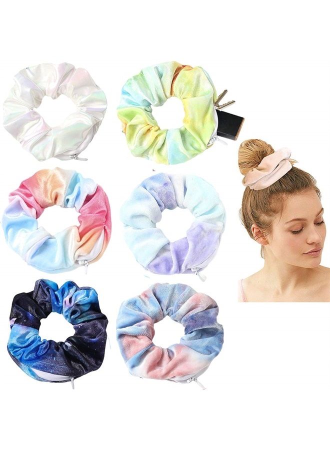 DINPREY Women Velvet Multicolor Scrunchie with zipper pouch hair ties Ropes secret zipper pocket scrunchies Tie Hidden Tie Dye scrunchies Soft Stash Hair Elastic Ties for Vsco Girl Stuff Scrunchies (6 Pcs C) - Image 1