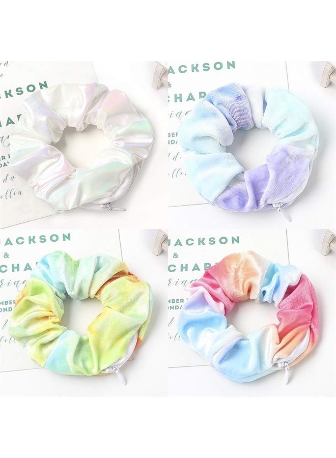 DINPREY Women Velvet Multicolor Scrunchie with zipper pouch hair ties Ropes secret zipper pocket scrunchies Tie Hidden Tie Dye scrunchies Soft Stash Hair Elastic Ties for Vsco Girl Stuff Scrunchies (6 Pcs C) - Image 3