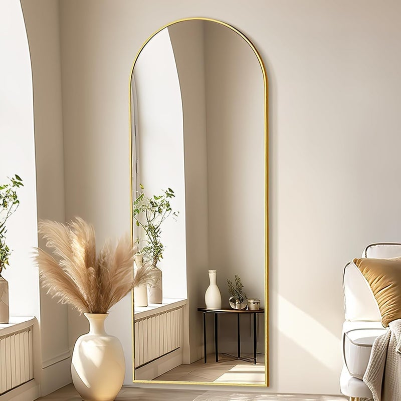 Arched Full Length Floor Mirror with Stand, Gold, MDF Wood Frame, 60x170 cm, Elegant Leaning Wall Mirror - Image 1
