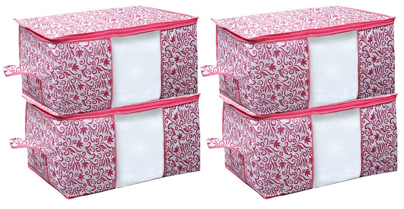 Kuber Industries Leaf Design Non Woven 4 Pieces Underbed Storage Bag Storage Organiser Blanket Cover Pink CTKTC021206 - Image 1