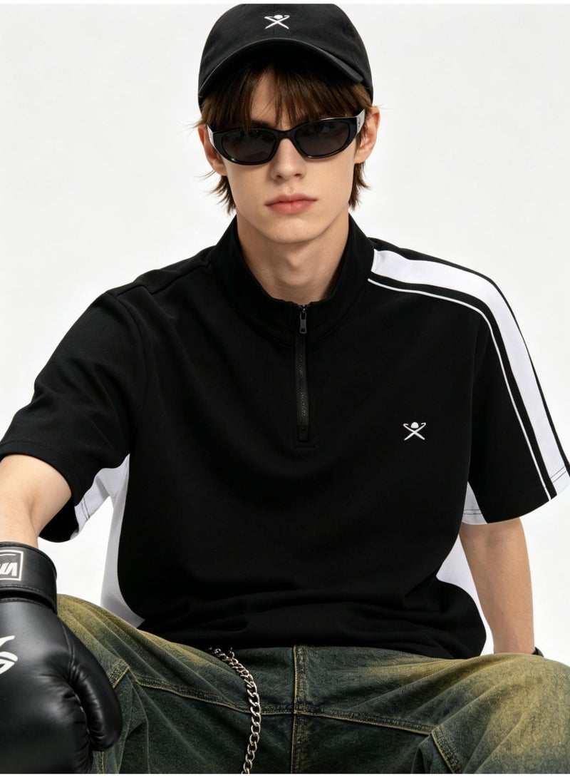 Hackett London Unisex semi-zipper stand collar color matching stripe printed LOGO sports short sleeve T-shirt - Image 1