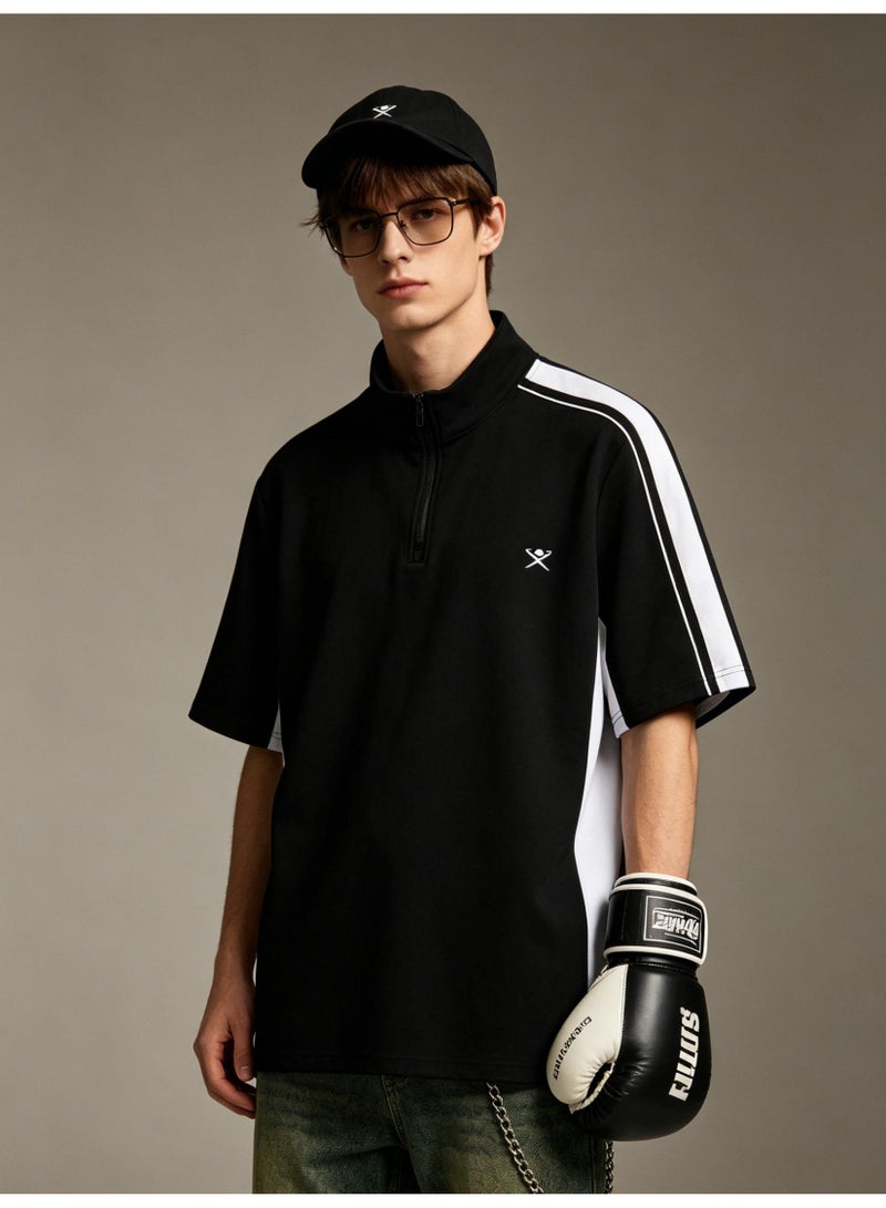 Hackett London Unisex semi-zipper stand collar color matching stripe printed LOGO sports short sleeve T-shirt - Image 5