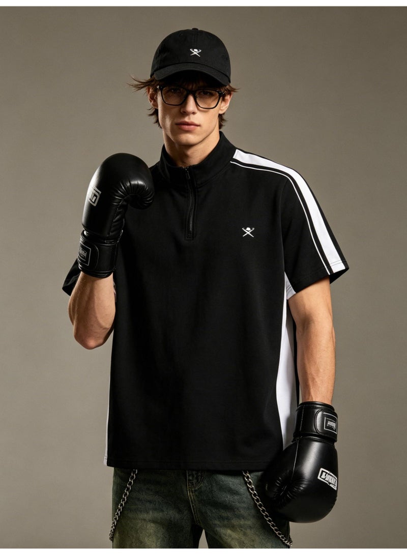 Hackett London Unisex semi-zipper stand collar color matching stripe printed LOGO sports short sleeve T-shirt - Image 4