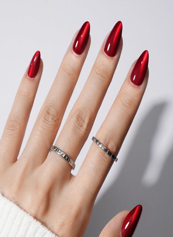 Modelones Red Cat Eye Press on Nails Almond, Fall Halloween Short Fake Nails, Reusable Nail Kit with Nail Glue Adhesive Tabs Mini Nail File, Nails Press Ons 32Pcs 16 Sizes, Women Girl Gift - Image 1