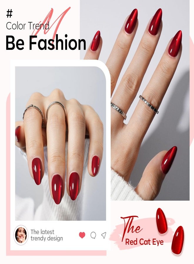 Modelones Red Cat Eye Press on Nails Almond, Fall Halloween Short Fake Nails, Reusable Nail Kit with Nail Glue Adhesive Tabs Mini Nail File, Nails Press Ons 32Pcs 16 Sizes, Women Girl Gift - Image 2