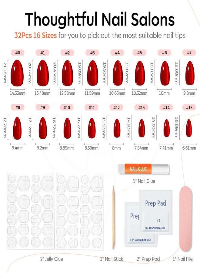 Modelones Red Cat Eye Press on Nails Almond, Fall Halloween Short Fake Nails, Reusable Nail Kit with Nail Glue Adhesive Tabs Mini Nail File, Nails Press Ons 32Pcs 16 Sizes, Women Girl Gift - Image 3