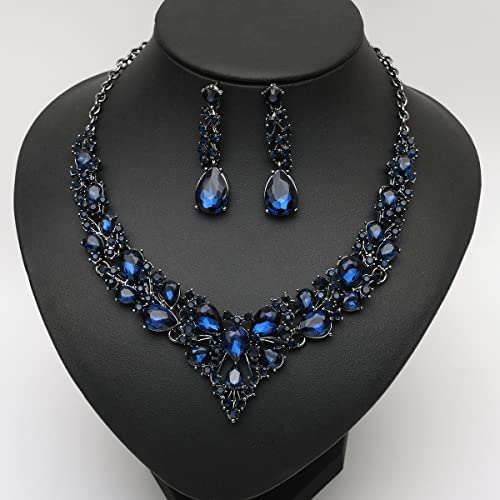 CSY 4 Pcs/Set Austrian Crystal Necklace Earrings Bracelet Ring Bridal Jewelry Sets for Brides Wedding Party Costume Accessories Gifts for Women (02-black-navy blue) - Image 4