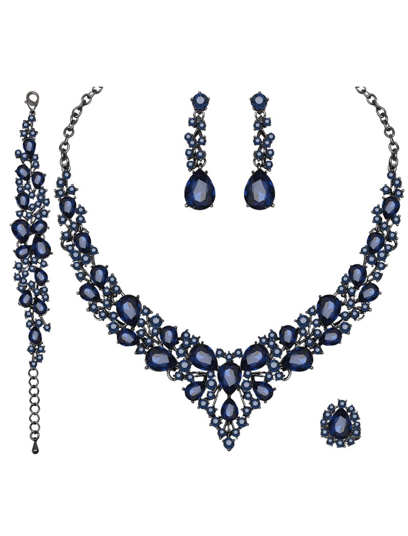 CSY 4 Pcs/Set Austrian Crystal Necklace Earrings Bracelet Ring Bridal Jewelry Sets for Brides Wedding Party Costume Accessories Gifts for Women (02-black-navy blue) - Image 1