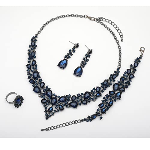 CSY 4 Pcs/Set Austrian Crystal Necklace Earrings Bracelet Ring Bridal Jewelry Sets for Brides Wedding Party Costume Accessories Gifts for Women (02-black-navy blue) - Image 3