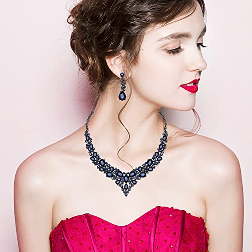 CSY 4 Pcs/Set Austrian Crystal Necklace Earrings Bracelet Ring Bridal Jewelry Sets for Brides Wedding Party Costume Accessories Gifts for Women (02-black-navy blue) - Image 2