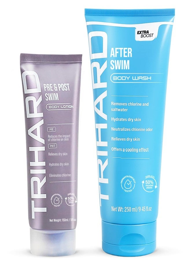 TRIHARD مجموعة غسول الجسم وكريم الترطيب TRIHARD لإزالة الكلور، تحمي وترطب البشرة الحساسة من المسبح والمحيط، أساسيات المسبح لحماية البشرة من الكلور قبل وبعد السباحة - Image 1