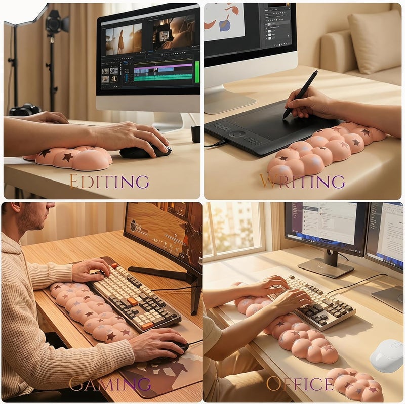 LJYZMD Cloud Wrist Rest Set for Keyboard and Mouse, Includes Cute Coaster, with Computers and Laptops (Milk Tea Colorful Star Set) - Image 4