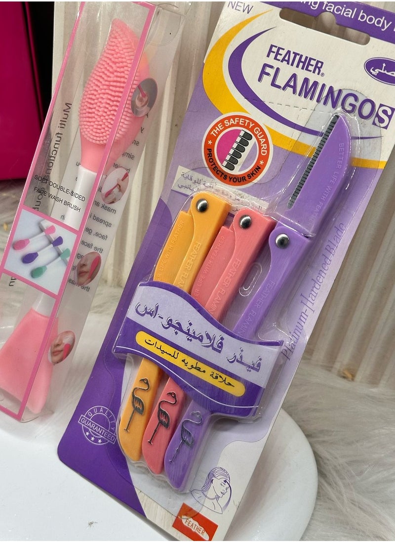 Generic face care set Feather 3 Piece Ladies Razor For Facial And Body Hair Yellow/Pink/Purple + Multifunction Facial Stirring Brush, Soft Silicone Mask Brush, Cosmetics Tools, Face Clean Brush, Face Mask Tools, Double Head Silicone Face Mask Brush random color s8  - Image 1