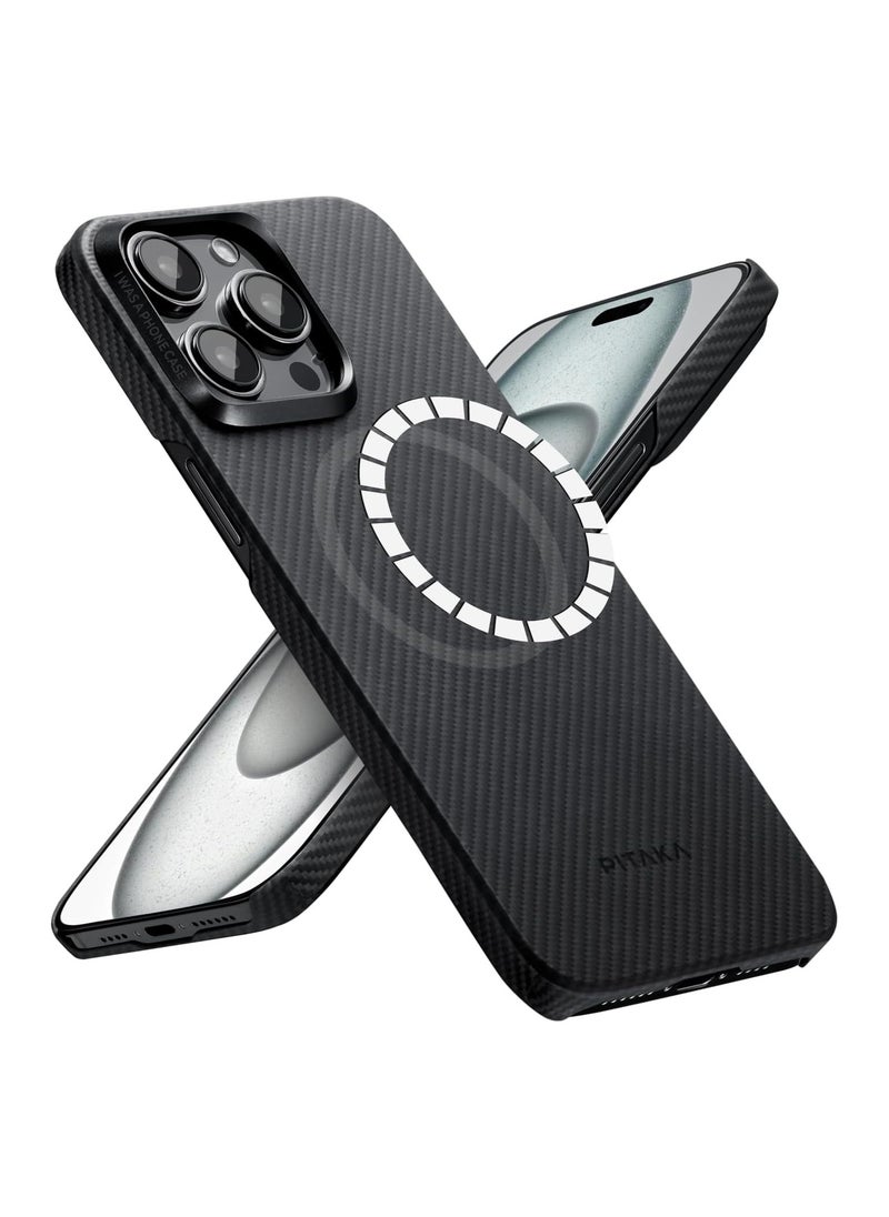 PITAKA Case for iPhone 15 Pro Compatible with MagSafe, Slim & Light iPhone 15 Pro Case 6.1-inch with a Case-Less Touch Feeling, 600D Aramid Fiber Made [MagEZ Case 4 - Black/Grey(Twill)]  - Image 1