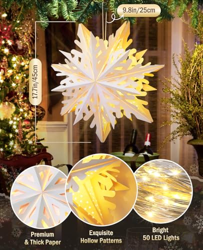 Luxspire 5 Pack Christmas Paper Star Lantern 177 Hanging Paper Snowflake Lights Set with LED Light Beads Remote Control Foldable Decorative Papers Lantern Lights for Christmas Holiday Party - Image 3