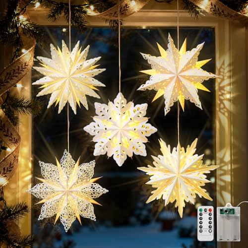 Luxspire 5 Pack Christmas Paper Star Lantern 177 Hanging Paper Snowflake Lights Set with LED Light Beads Remote Control Foldable Decorative Papers Lantern Lights for Christmas Holiday Party - Image 1