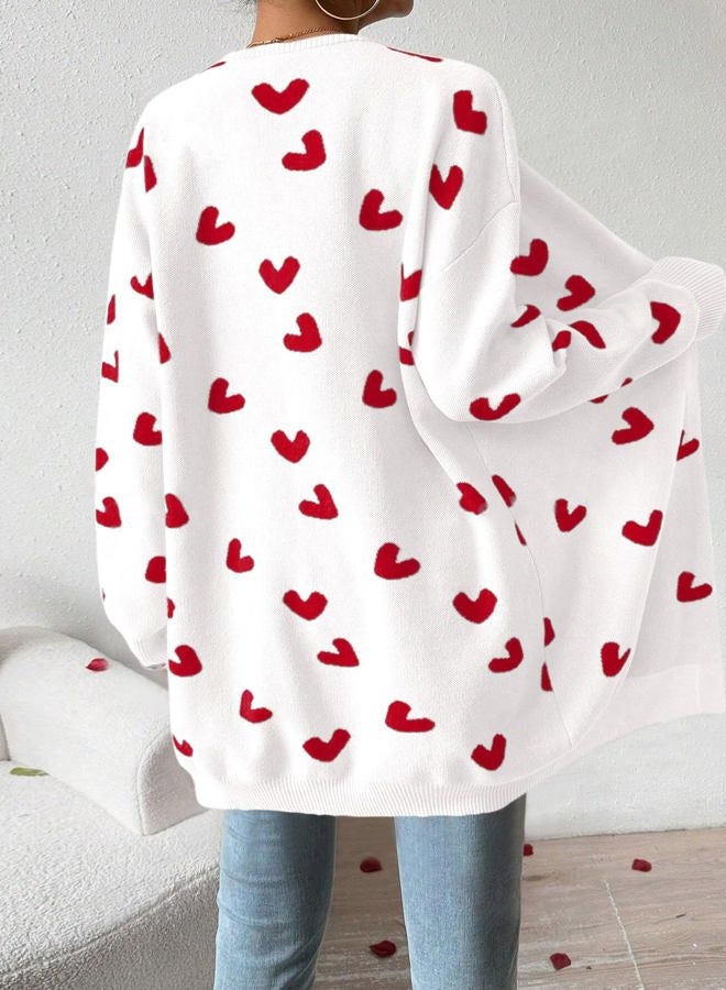 SECRETEYARD Womens Cute Heart Cardigans Oversized Long Sleeve Open Front Knit Sweaters White - Image 4