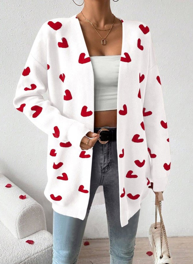 SECRETEYARD Womens Cute Heart Cardigans Oversized Long Sleeve Open Front Knit Sweaters White - Image 2