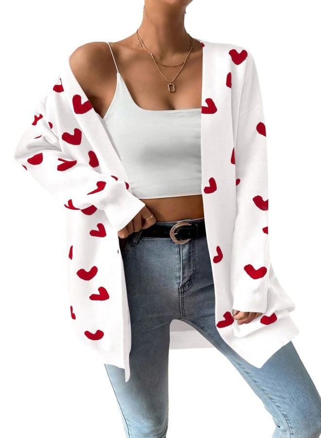 SECRETEYARD Womens Cute Heart Cardigans Oversized Long Sleeve Open Front Knit Sweaters White - Image 1