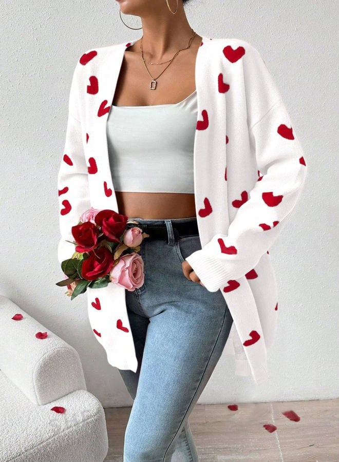 SECRETEYARD Womens Cute Heart Cardigans Oversized Long Sleeve Open Front Knit Sweaters White - Image 3