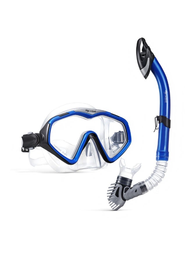 WAVE Blue Snorkel Set – Tempered Glass Dive Mask & Dry-Top Snorkel with Food-Grade Silicone Mouthpiece - Image 1