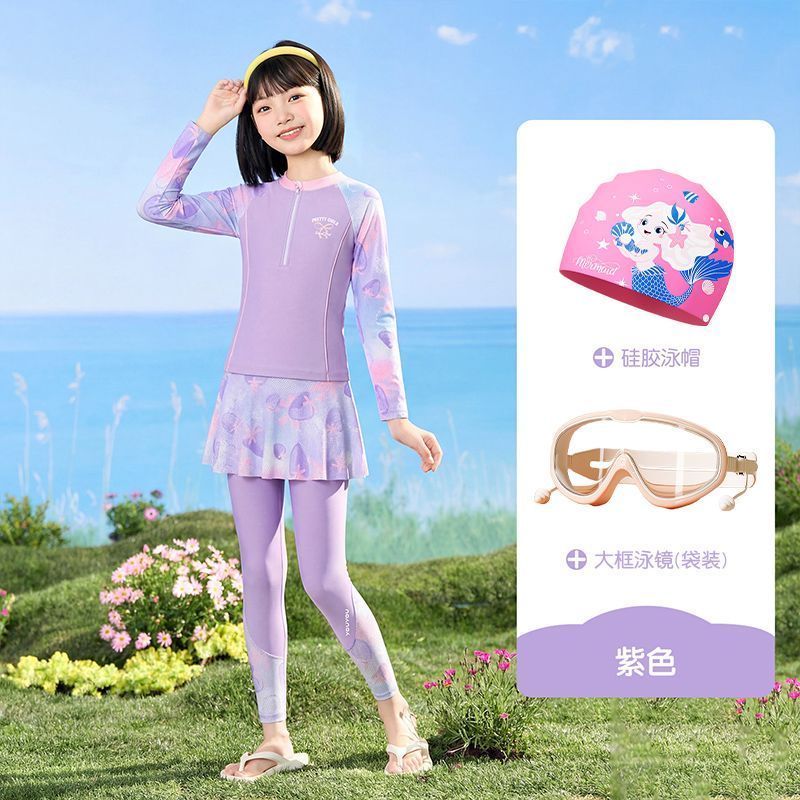 YouYou Girls' Long Sleeve Long Pants Swimsuit Set - Sun Protection UV Swimwear for Kids, Printed Pattern