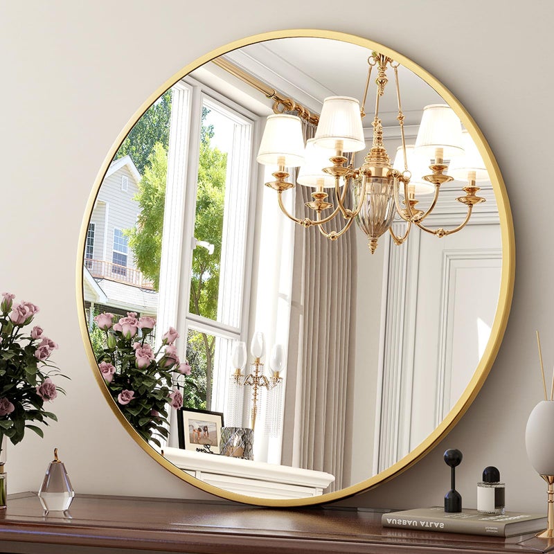 XRAMFY 24 Inch Round Mirror - Circle Mirrors for Bathroom, Entryway and Living Room Wall Decor, Modern Hanging Vanity Mirror, Matte Gold Circle Decorative Wall Mirror - Image 1