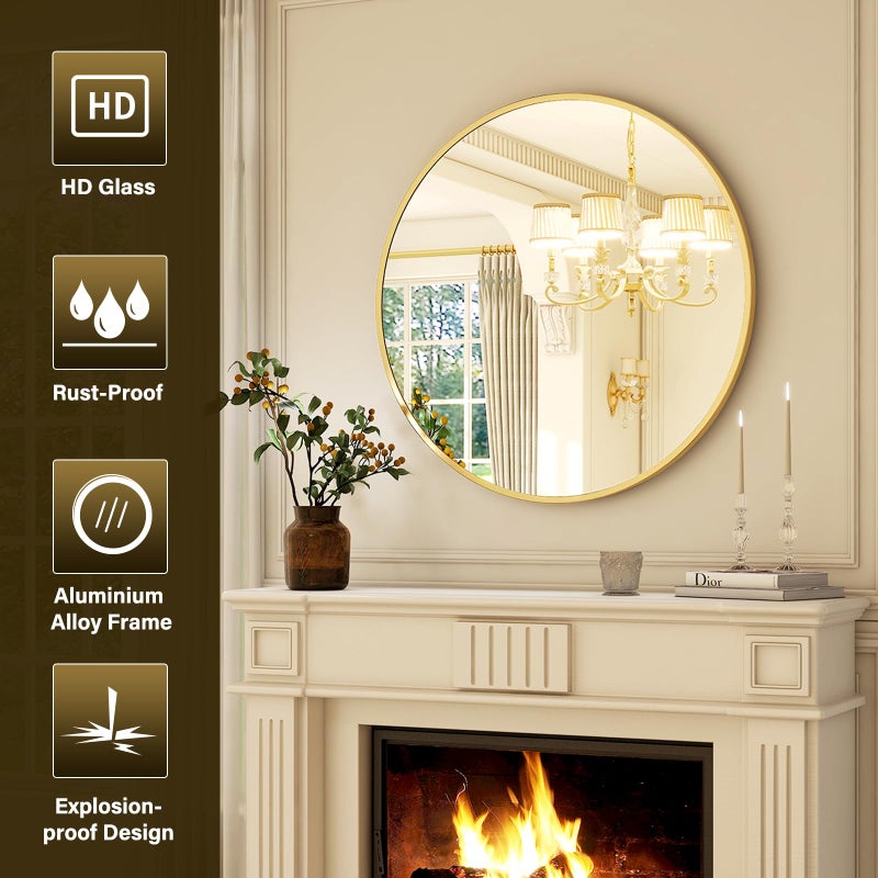 XRAMFY 24 Inch Round Mirror - Circle Mirrors for Bathroom, Entryway and Living Room Wall Decor, Modern Hanging Vanity Mirror, Matte Gold Circle Decorative Wall Mirror - Image 4