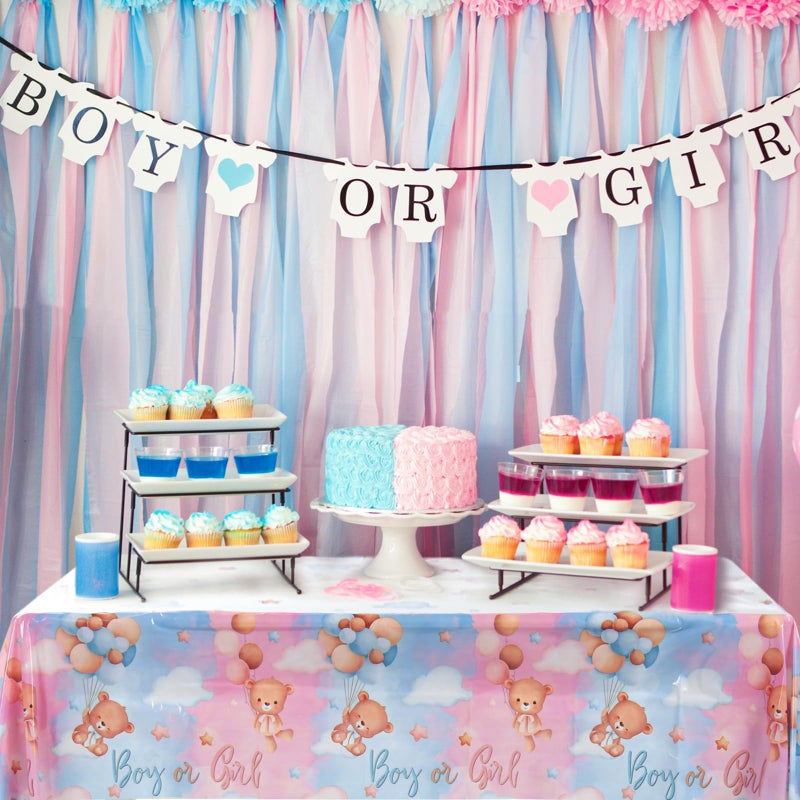 Patimate Gender Reveal Decorations Disposable Tablecloths - 3 Pcs Pink and Blue Waterproof Table Covers for Baby Gender Reveal Decor Party Supplies Boy or Girl Baby Shower Bear Revelacion Genero - Image 2