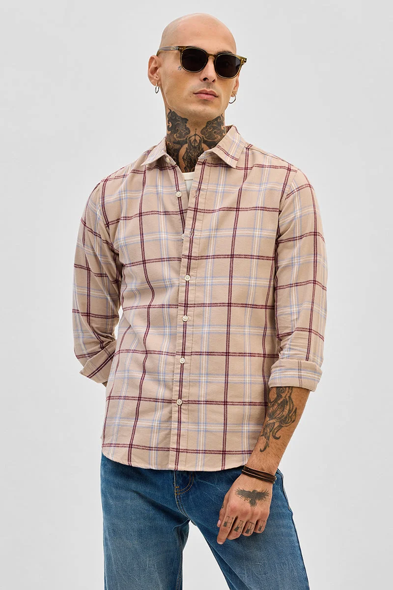 سنيتش Beige Checkered Long Sleeve Slim Fit Casual Shirt