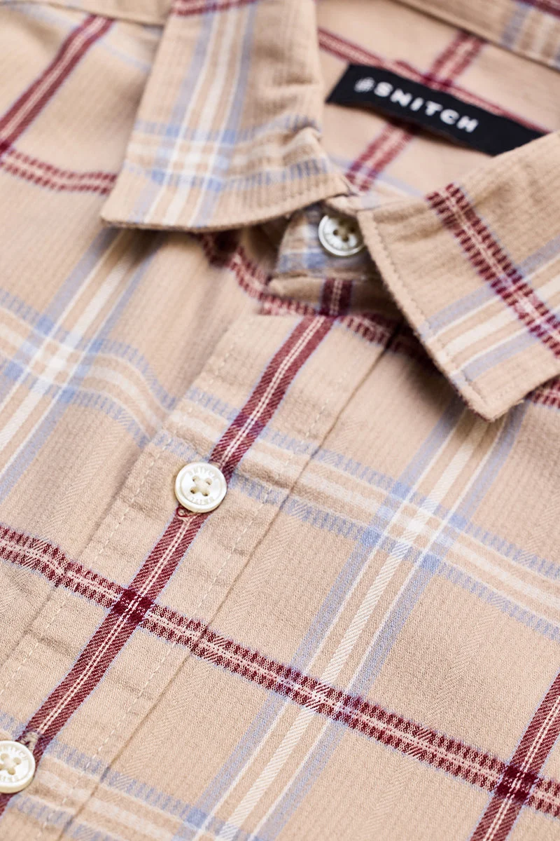 سنيتش Beige Checkered Long Sleeve Slim Fit Casual Shirt