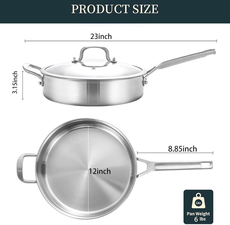 Yeksum Tri-Ply Stainless Steel Saute Pan 6QT, 12 Inch Deep Frying Pan with Lids, 3-layer Saute Pan with Lid Large Skillet with Stay Cool Handle, Induction Pan, Dishwasher and Oven-Safe - Image 4