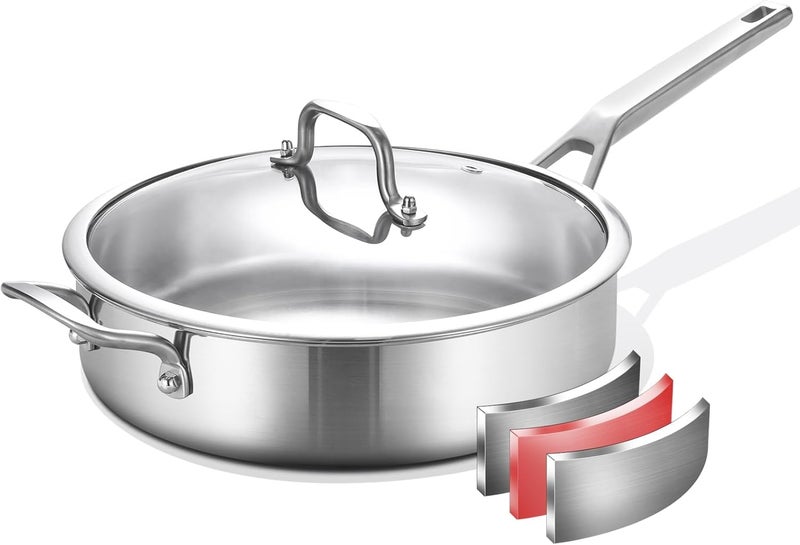 Yeksum Tri-Ply Stainless Steel Saute Pan 6QT, 12 Inch Deep Frying Pan with Lids, 3-layer Saute Pan with Lid Large Skillet with Stay Cool Handle, Induction Pan, Dishwasher and Oven-Safe - Image 1